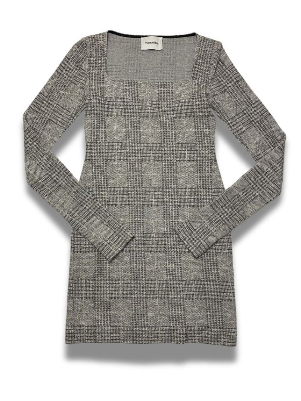 Nanushka Plaid Knit Mini Dress Square Neck Long Sleeve Bodycon Size XS